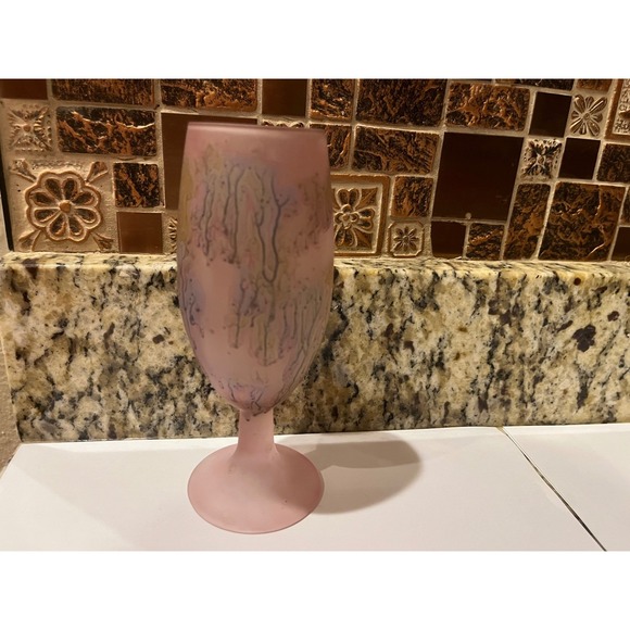 Other - Vintage Frosted Pink Art Glass Goblet Watercolor Drip Hand Painted Stemware